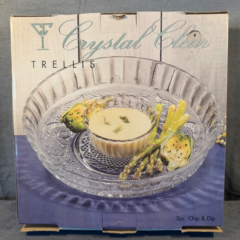 Crystal Clear Trellis 2 Piece Chip and Dip Set Glass Serving Platter Bowl 323230